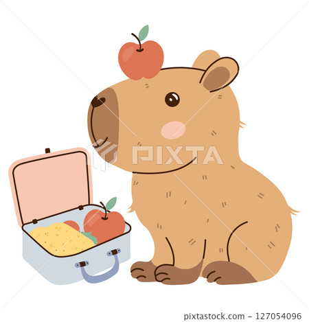 Capybara with a lunchbox and an apple on its head. Flat hand-drawn style on transparent background. Fun and playful, great for nutrition topics, school designs, and childrens content. Capybara with a lunchbox and an apple on its head. Flat hand-drawn style on transparent background. Fun and playful, great for nutrition topics, school designs, and childrens content. 127054096