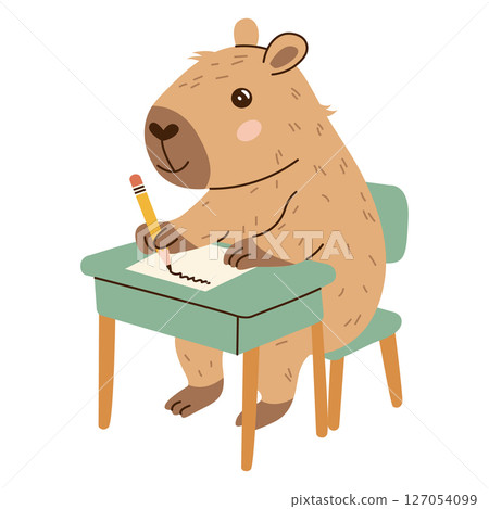 Capybara writing at a school desk with a pencil. Flat hand-drawn style illustration on transparent background. Ideal for educational designs, school posters, and learning apps. 127054099