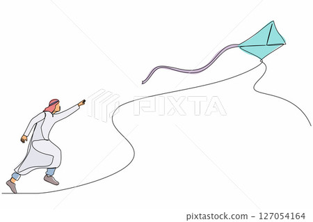 Single continuous line drawing Arabian businessman runs with a flying kite. Race for opportunities, catch a dream metaphor, run the project. Dynamic one line draw graphic design vector illustration Single continuous line drawing Arabian businessman runs with a flying kite. Race for opportunities, catch a dream metaphor, run the project. Dynamic one line draw graphic design vector illustration 127054164
