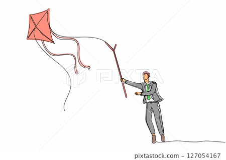 Single one line drawing businessman chasing kite using stick. Young man trying to catch opportunities. Successful business metaphor. Modern continuous line draw design graphic vector illustration 127054167