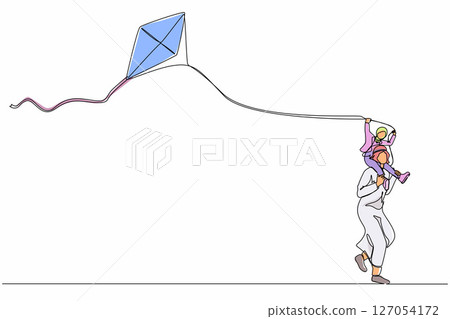 Single continuous line drawing dad and daughter have fun, fly kite. Arab father carrying daughter on shoulders. Happy father and child spending free time together. One line draw graphic design vector Single continuous line drawing dad and daughter have fun, fly kite. Arab father carrying daughter on shoulders. Happy father and child spending free time together. One line draw graphic design vector 127054172
