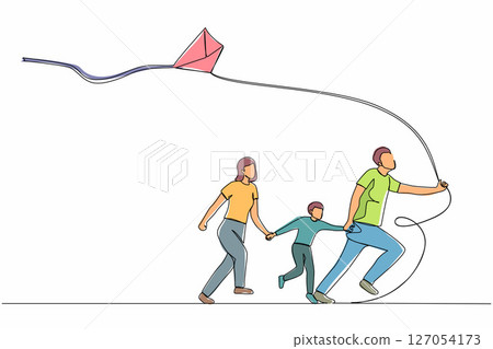 Single one line drawing happy family running with flying kite. Mother, father and son launching kite. Outdoor recreational activities. Modern continuous line draw design graphic vector illustration Single one line drawing happy family running with flying kite. Mother, father and son launching kite. Outdoor recreational activities. Modern continuous line draw design graphic vector illustration 127054173