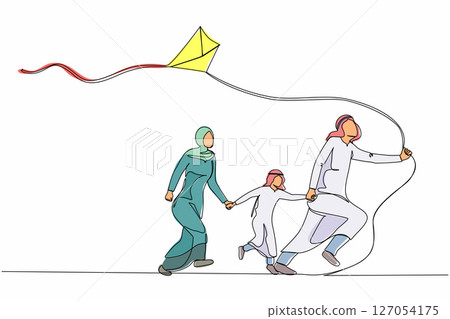 Single continuous line drawing happy Arabian family running with flying kite. Mother, father and son launching kite. Outdoor recreational activities. One line draw graphic design vector illustration Single continuous line drawing happy Arabian family running with flying kite. Mother, father and son launching kite. Outdoor recreational activities. One line draw graphic design vector illustration 127054175