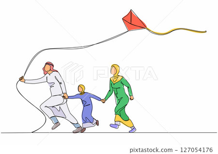 Continuous one line drawing happy Arabian family with flying kite. Mother, father and their little daughter launching kite together at summer festival. Single line design vector graphic illustration Continuous one line drawing happy Arabian family with flying kite. Mother, father and their little daughter launching kite together at summer festival. Single line design vector graphic illustration 127054176