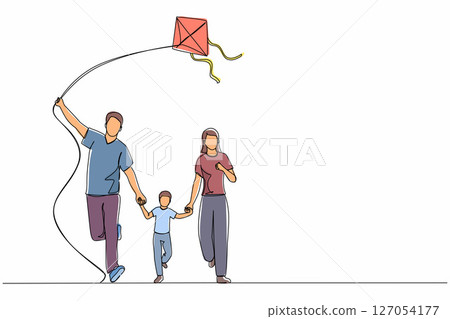 Single continuous line drawing family weekend with parents and child walking in the park. Fun family running, rest at nature on vacation. Dad, mom, and boy launches kite. One line draw design vector Single continuous line drawing family weekend with parents and child walking in the park. Fun family running, rest at nature on vacation. Dad, mom, and boy launches kite. One line draw design vector 127054177