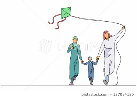 Single one line drawing Arab family weekend with parents and child walking in park. Fun family running, rest at nature on vacation. Dad, mom, daughter launches kite. Continuous line draw design vector 127054180
