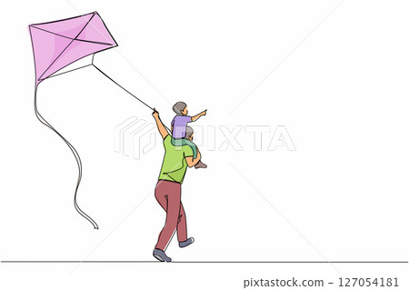 Single continuous line drawing back view daddy gives happy boy son piggyback ride flying kite outdoors. Father carry laughing son on shoulders and fly kite in countryside. One line draw design vector Single continuous line drawing back view daddy gives happy boy son piggyback ride flying kite outdoors. Father carry laughing son on shoulders and fly kite in countryside. One line draw design vector 127054181