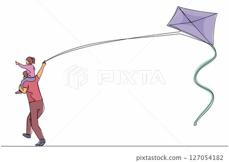 Single one line drawing back view happy family father carrying daughter on shoulders run with kite. Father and child daughter spending free time together. Continuous line draw design graphic vector 127054182