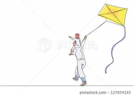 Continuous one line drawing back view Arabian daddy gives happy boy son piggyback ride flying kite outdoors. Father carry son on shoulders and fly kite in countryside. Single line draw design vector Continuous one line drawing back view Arabian daddy gives happy boy son piggyback ride flying kite outdoors. Father carry son on shoulders and fly kite in countryside. Single line draw design vector 127054183
