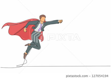Continuous one line drawing super businessman punches pose, employee superhero flying, business concept power, success and overcome difficulties. Single line draw design vector graphic illustration 127054194