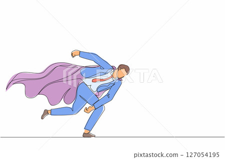 Single continuous line drawing superhero businessman punching breaking through problem. Elimination obstacles. Motivation to win, reliable leadership. One line draw graphic design vector illustration 127054195