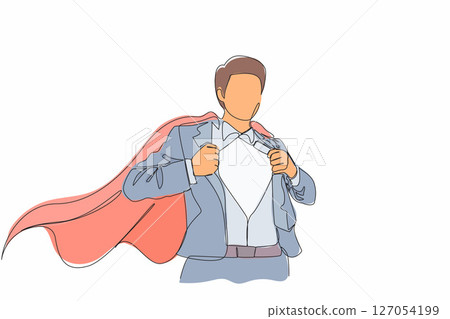 Single one line drawing handsome young man in business suit wearing tie with shirt. Successful businessman. Hero, ripping off his shirt. Modern continuous line draw design graphic vector illustration Single one line drawing handsome young man in business suit wearing tie with shirt. Successful businessman. Hero, ripping off his shirt. Modern continuous line draw design graphic vector illustration 127054199