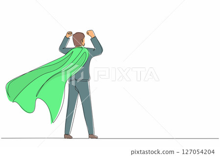 Single continuous line drawing back view super businessman. Man in strong base and suit. Success and victory in business. Superhero in cloak. Dynamic one line draw graphic design vector illustration Single continuous line drawing back view super businessman. Man in strong base and suit. Success and victory in business. Superhero in cloak. Dynamic one line draw graphic design vector illustration 127054204