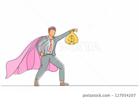 Continuous one line drawing superhero businessman present symbol of income. Happy employee superhero shows money bag metaphor of income, investment, profit grow. Single line draw design vector graphic Continuous one line drawing superhero businessman present symbol of income. Happy employee superhero shows money bag metaphor of income, investment, profit grow. Single line draw design vector graphic 127054207