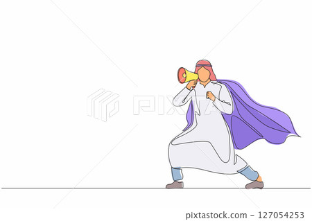 Single one line drawing superhero speaking in megaphone. Superhero in cape, happy Arabian businessman holding megaphone, successful team leader. Continuous line draw design graphic vector illustration 127054253