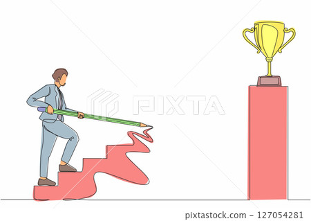 Continuous one line drawing businessman use huge pencil to draw rising up stairs, walk climbing up ladder, and try to reach trophy cup. Business development successful. Single line draw design vector 127054281