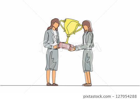 Single continuous line drawing businesswoman winner getting first prize. Girl giving golden cup to businesswoman. Winning, leadership, achievement concept. Dynamic one line draw graphic design vector Single continuous line drawing businesswoman winner getting first prize. Girl giving golden cup to businesswoman. Winning, leadership, achievement concept. Dynamic one line draw graphic design vector 127054288