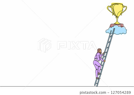 Single continuous line drawing businesswoman climb to trophy over clouds. Young female climbing ladder to success. Motivation concept to be successful. One line draw graphic design vector illustration 127054289