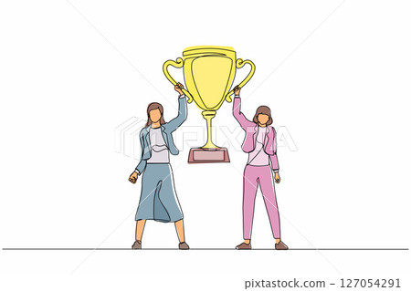 Continuous one line drawing two women holding golden goblet together. Winners celebrating victory. Businesswoman with prize, trophy cup. Celebration business team success. Single line design vector 127054291