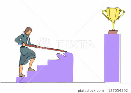 Single continuous line drawing businesswoman use huge pencil to draw rising up stairs, walk climbing up ladder, and try to reach trophy cup. Business development. One line draw graphic design vector Single continuous line drawing businesswoman use huge pencil to draw rising up stairs, walk climbing up ladder, and try to reach trophy cup. Business development. One line draw graphic design vector 127054292