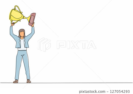 Single continuous line drawing businesswoman standing and lifting trophy. Career goal icon. Victory sign or symbol. Winner pose. Success, goal, achievement concept. One line draw graphic design vector 127054293