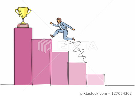 Continuous one line drawing businesswoman jumping to success. Step to successful. Achieve trophy cup. Female run and go to their goal on stairs, way to achieve goal. Single line draw design vector Continuous one line drawing businesswoman jumping to success. Step to successful. Achieve trophy cup. Female run and go to their goal on stairs, way to achieve goal. Single line draw design vector 127054302