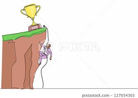 Single one line drawing climber hanging on rope and pulling himself on top of rocky mountain wall to reach trophy. Extreme businesswoman climbing on cliff. Continuous line draw design graphic vector Single one line drawing climber hanging on rope and pulling himself on top of rocky mountain wall to reach trophy. Extreme businesswoman climbing on cliff. Continuous line draw design graphic vector 127054303