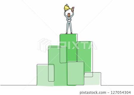 Continuous one line drawing young businesswoman standing on big graphic bar and lifting trophy. Winner pose. Success, goal, achievement and concept. Single line draw design vector graphic illustration Continuous one line drawing young businesswoman standing on big graphic bar and lifting trophy. Winner pose. Success, goal, achievement and concept. Single line draw design vector graphic illustration 127054304