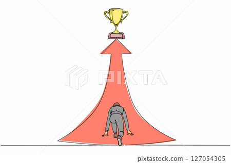 Continuous one line drawing back view businesswoman ready to run to trophy at end of route. Vision mission and goal of business. Female run to their goal, motivation. Single line draw design vector 127054305
