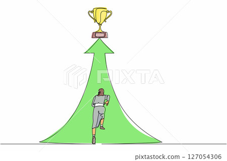 Single one line drawing reach for trophy. Businesswoman runs to target. Female working for goal, success, development, ability, victory, motivation. Continuous line design graphic vector illustration Single one line drawing reach for trophy. Businesswoman runs to target. Female working for goal, success, development, ability, victory, motivation. Continuous line design graphic vector illustration 127054306