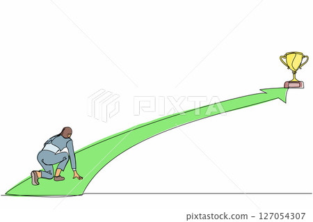 Single continuous line drawing businesswoman get ready on starting to goal of business in starting position ready to sprint run. Reaching trophy. Business concept. One line draw graphic design vector 127054307
