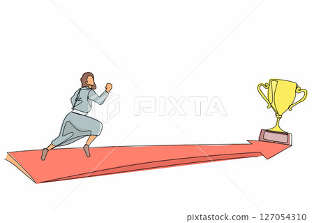 Single continuous line drawing side view businesswoman running to golden trophy. Concept for business direction and mission vision. Goal, success, development, victory. One line graphic design vector Single continuous line drawing side view businesswoman running to golden trophy. Concept for business direction and mission vision. Goal, success, development, victory. One line graphic design vector 127054310