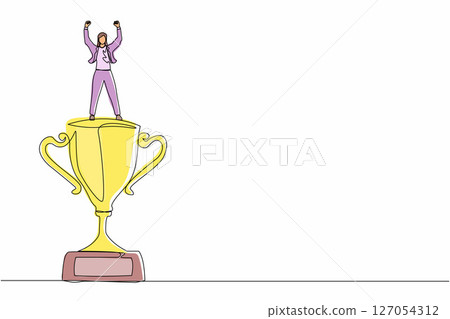 Single one line drawing businesswoman raised hands and standing above trophy. Female celebrating her business award. Business metaphor of success, appreciation. Continuous line design graphic vector Single one line drawing businesswoman raised hands and standing above trophy. Female celebrating her business award. Business metaphor of success, appreciation. Continuous line design graphic vector 127054312