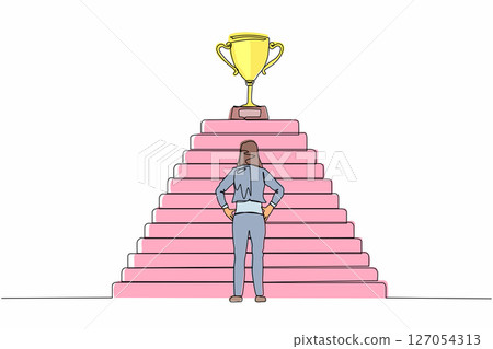 Continuous one line drawing active businesswoman standing in front of staircase with trophy cup on the top. Path to success, goal, business vision. Single line draw design vector graphic illustration Continuous one line drawing active businesswoman standing in front of staircase with trophy cup on the top. Path to success, goal, business vision. Single line draw design vector graphic illustration 127054313