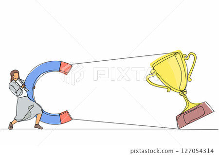 Single continuous line drawing young businesswoman attracting big trophy with huge magnet. Victory sign. Success, achievement, business goals concept. One line draw graphic design vector illustration 127054314