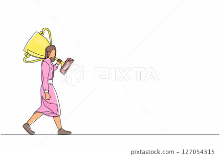 Single one line drawing businesswoman carry big trophy cup for winner as symbol of victory. Business concept of success and competition. Modern continuous line draw design graphic vector illustration 127054315