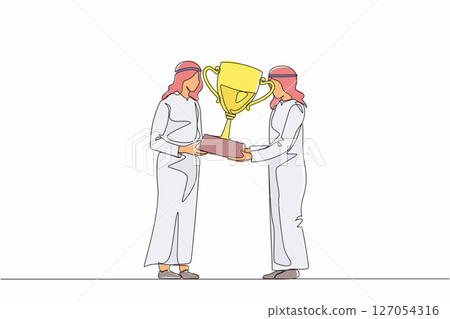 Single continuous line drawing Arabian businessman winner getting first prize. Male giving golden cup to businessman. Winning, leadership, achievement concept. One line draw design vector illustration 127054316