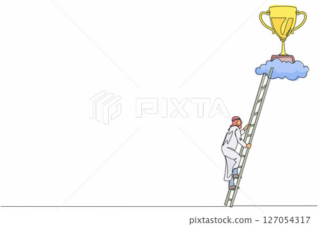 Continuous one line drawing Arabian businessman climb to trophy over clouds. Businessman climbing ladder to success. Motivation concept to be successful. Single line design vector graphic illustration 127054317