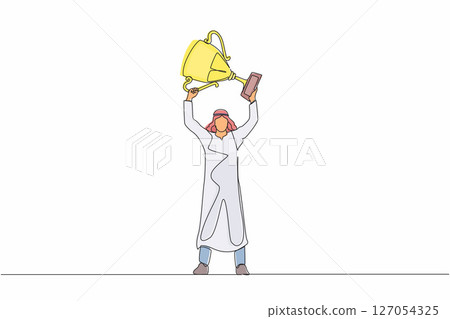 Single one line drawing Arabic businessman standing and lifting trophy. Career goal icon. Victory sign or symbol. Winner pose. Success, goal, achievement concept. Continuous line design graphic vector Single one line drawing Arabic businessman standing and lifting trophy. Career goal icon. Victory sign or symbol. Winner pose. Success, goal, achievement concept. Continuous line design graphic vector 127054325