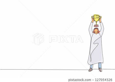Single continuous line drawing Arabic businessman standing and lifting trophy. Career goal. Victory sign or symbol. Winner pose. Success, goal, achievement concept. One line draw graphic design vector Single continuous line drawing Arabic businessman standing and lifting trophy. Career goal. Victory sign or symbol. Winner pose. Success, goal, achievement concept. One line draw graphic design vector 127054326