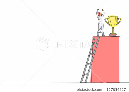 Single continuous line drawing Arabic businessman climb ladder to reach trophy and standing with arms lifted in the air. Man celebrating his business award. One line graphic design vector illustration Single continuous line drawing Arabic businessman climb ladder to reach trophy and standing with arms lifted in the air. Man celebrating his business award. One line graphic design vector illustration 127054327