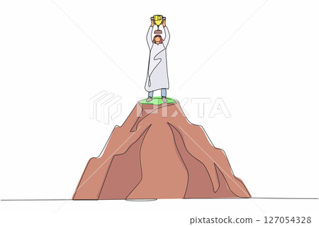 Continuous one line drawing Arabian businessman holding trophy on the top of the high mountain. Success, goal, achievement and challenge concept. Single line draw design vector graphic illustration Continuous one line drawing Arabian businessman holding trophy on the top of the high mountain. Success, goal, achievement and challenge concept. Single line draw design vector graphic illustration 127054328