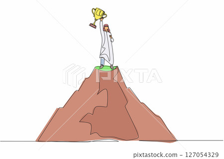 Continuous one line drawing success on top. Arabian businessman on top of mountain holding trophy in raised hands. Winner, happiness, reaching goal. Single line draw design vector graphic illustration Continuous one line drawing success on top. Arabian businessman on top of mountain holding trophy in raised hands. Winner, happiness, reaching goal. Single line draw design vector graphic illustration 127054329