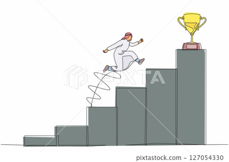 Single one line drawing Arab businessman jumping to success. Step to successful. Achieve trophy cup. Man run and go to their goal on stairs, way to achieve goal. Continuous line design graphic vector 127054330