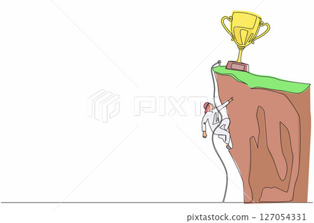 Single one line drawing climber hanging on rope and pulling himself on top of rocky mountain wall to reach trophy. Extreme Arabian businessman climbing on cliff. Continuous line design graphic vector 127054331