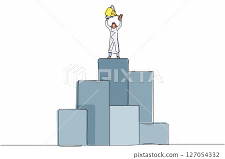 Single continuous line drawing Arabian businessman standing on big graphic bar and lifting trophy. Winner pose. Success, goal, achievement and concept. One line draw graphic design vector illustration Single continuous line drawing Arabian businessman standing on big graphic bar and lifting trophy. Winner pose. Success, goal, achievement and concept. One line draw graphic design vector illustration 127054332