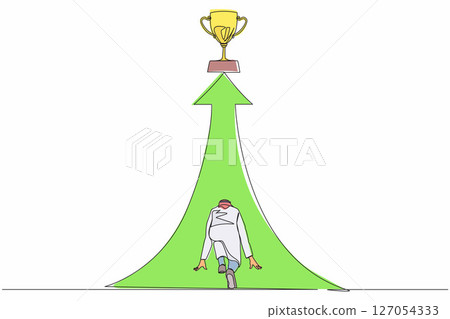 Continuous one line drawing back view Arabic businessman ready to run to trophy at end of route. Vision mission and goal of business. Male run to their goal, motivation. Single line draw design vector Continuous one line drawing back view Arabic businessman ready to run to trophy at end of route. Vision mission and goal of business. Male run to their goal, motivation. Single line draw design vector 127054333