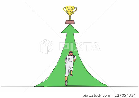 Single continuous line drawing reach for trophy. Arab businessman runs to target. Man working for goal, success, development, ability, victory, motivation. One line graphic design vector illustration 127054334