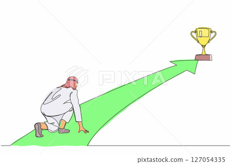 Single one line drawing Arabian businessman get ready on starting to goal of business in starting position ready to sprint run. Reaching trophy. Business concept. Continuous line design graphic vector 127054335