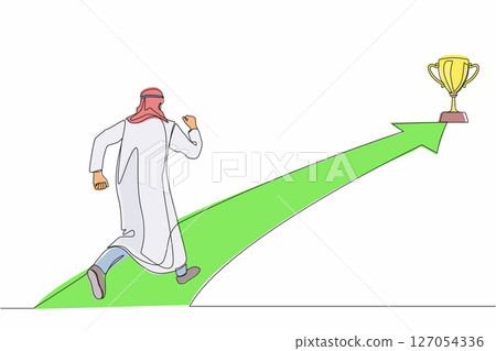 Single continuous line drawing Arabian businessman running on forward arrow to get trophy. People ready to start career and business. Manager running towards goal. One line draw graphic design vector 127054336